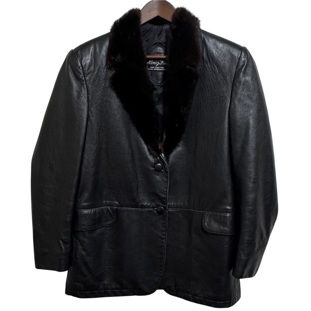 Vintage Henig Furs Leather Jacket Real MINK Fur Collar Women's Medium Black Coat